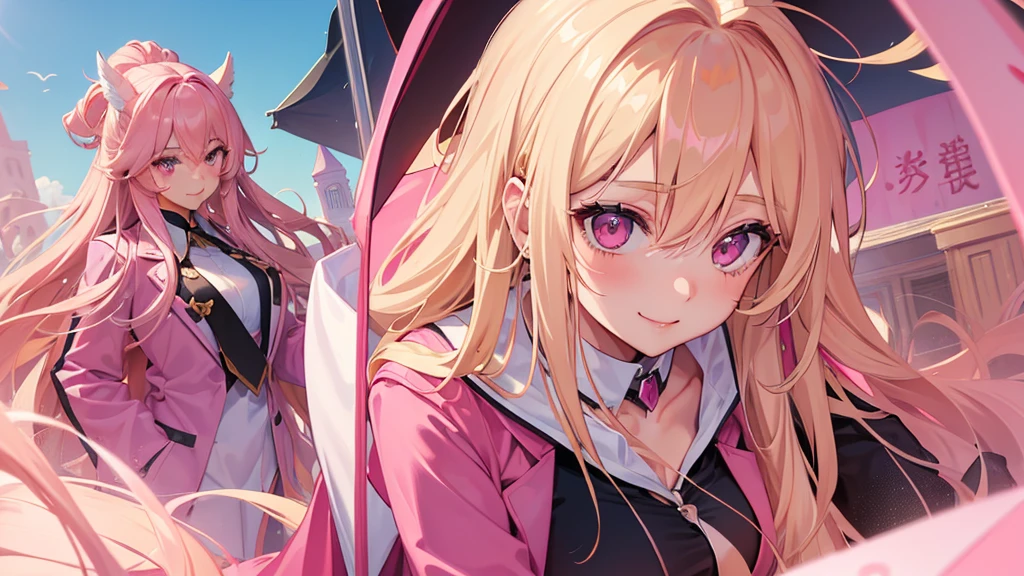 (((Adult woman))), pink eyes, (long blonde hair), pink suit, smile