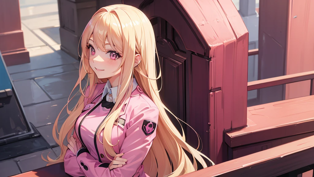 (((Adult woman))), pink eyes, (long blonde hair), pink suit, smile