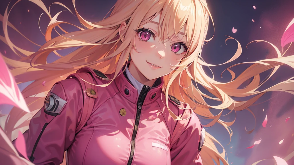 (((Adult woman))), pink eyes, (long blonde hair), pink suit, smile