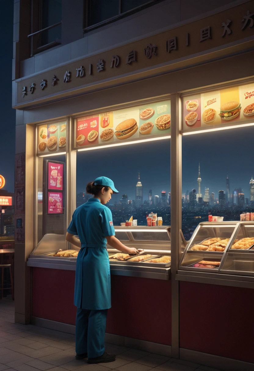 (Fast Food Worker), Cyberpunk style, a fast food clerk is doing the final tidying up work in the restaurant at night. The lights inside the restaurant emit charming colors, and the clerk's figure appears particularly prominent at the window, with the background of night city, full body, (Photography), panoramic view, award-winning, cinematic still, emotional, vignette, dynamic, vivid, (masterpiece, best quality, Professional, perfect composition, very aesthetic, absurdres, ultra-detailed, intricate details:1.3)
