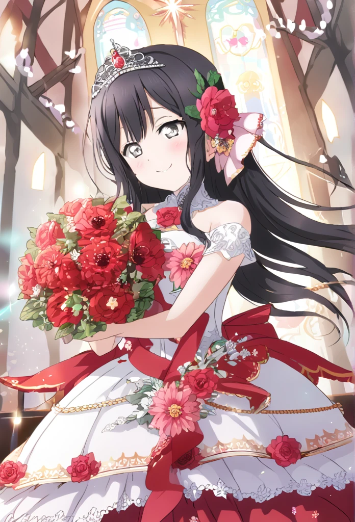 Setsuna Yuki Black Hair Grey Eyes Long Hair Red flower hair ornament tiara Red Wedding Dress Red flower decoration dress church smile Huge breasts Shining Tears of joy Red flower bouquet