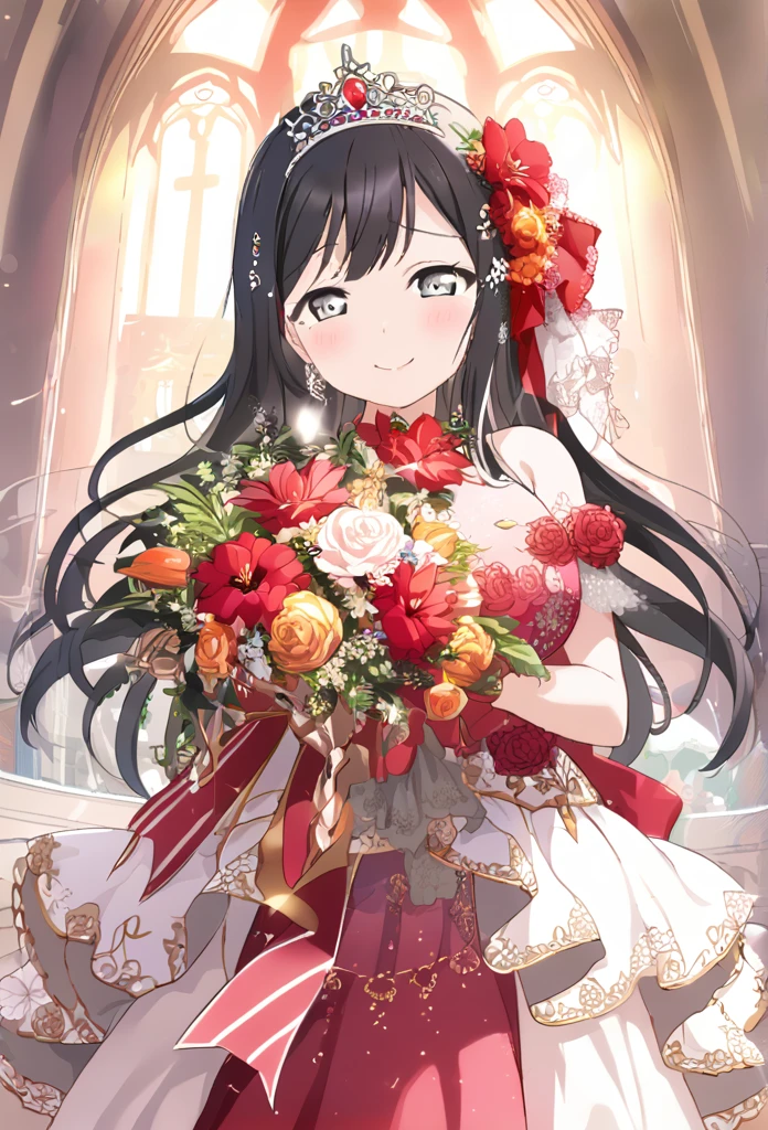 Setsuna Yuki Black Hair Grey Eyes Long Hair Red flower hair ornament tiara Red Wedding Dress Red flower decoration dress church smile Huge breasts Shining Tears of joy Red flower bouquet