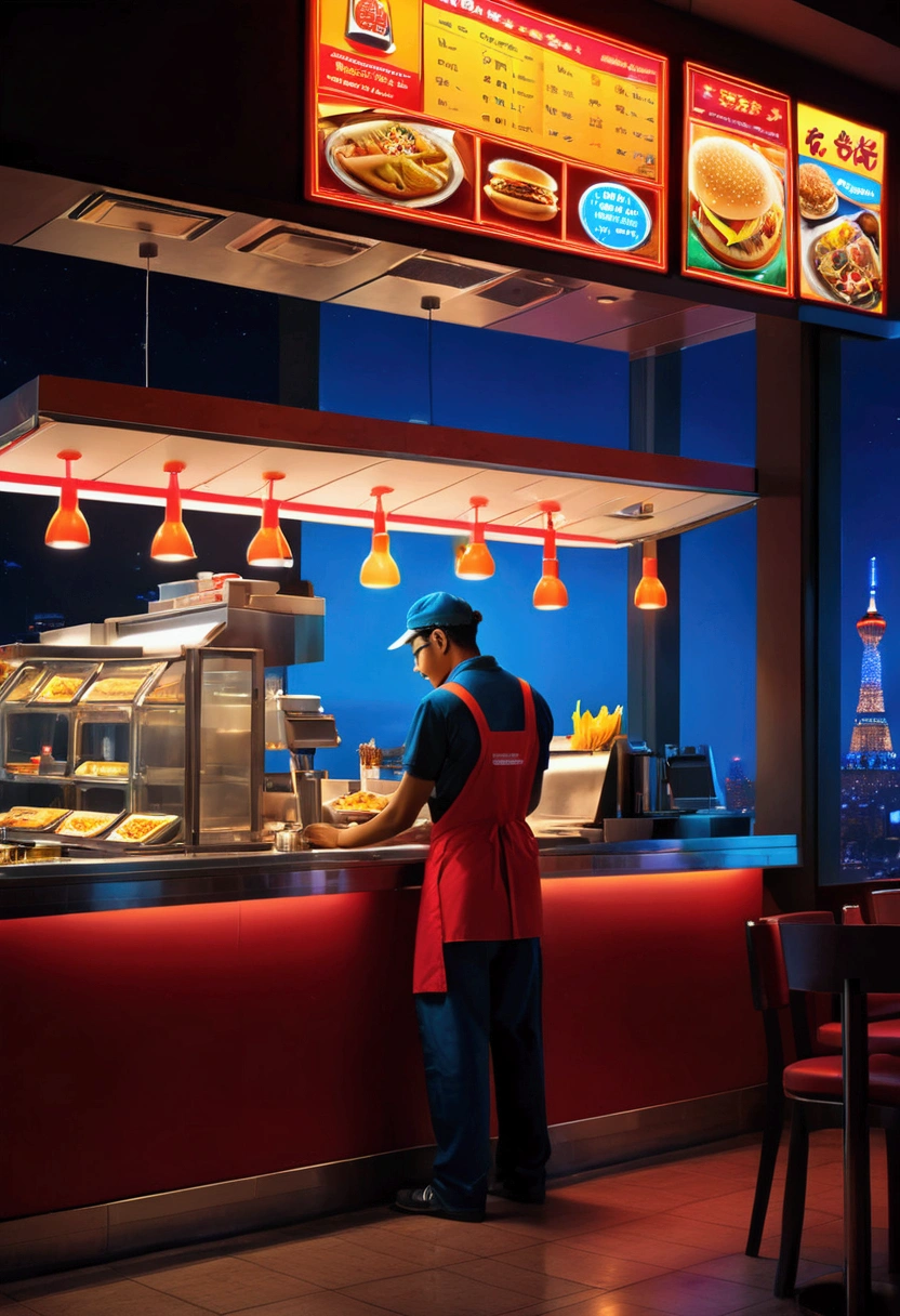 (Fast Food Worker), Cyberpunk style, a fast food clerk is doing the final tidying up work in the restaurant at night. The lights inside the restaurant emit charming colors, and the clerk's figure appears particularly prominent at the window, with the background of night city, full body, (Photography), panoramic view, award-winning, cinematic still, emotional, vignette, dynamic, vivid, (masterpiece, best quality, Professional, perfect composition, very aesthetic, absurdres, ultra-detailed, intricate details:1.3)