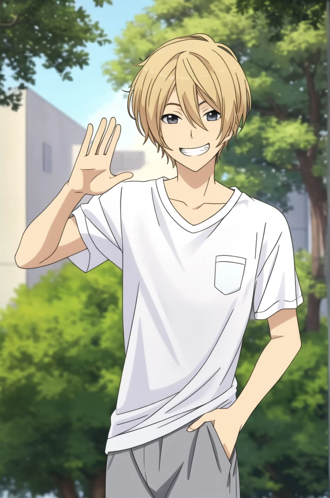 masterpiece, best quality, 1boy, upper body, looking at viewer, standing, blonde hair, excited, grin, casual, blue cardigan, white t-shirt, grey pants, hand in pocket, hand up, waving, park, tree,