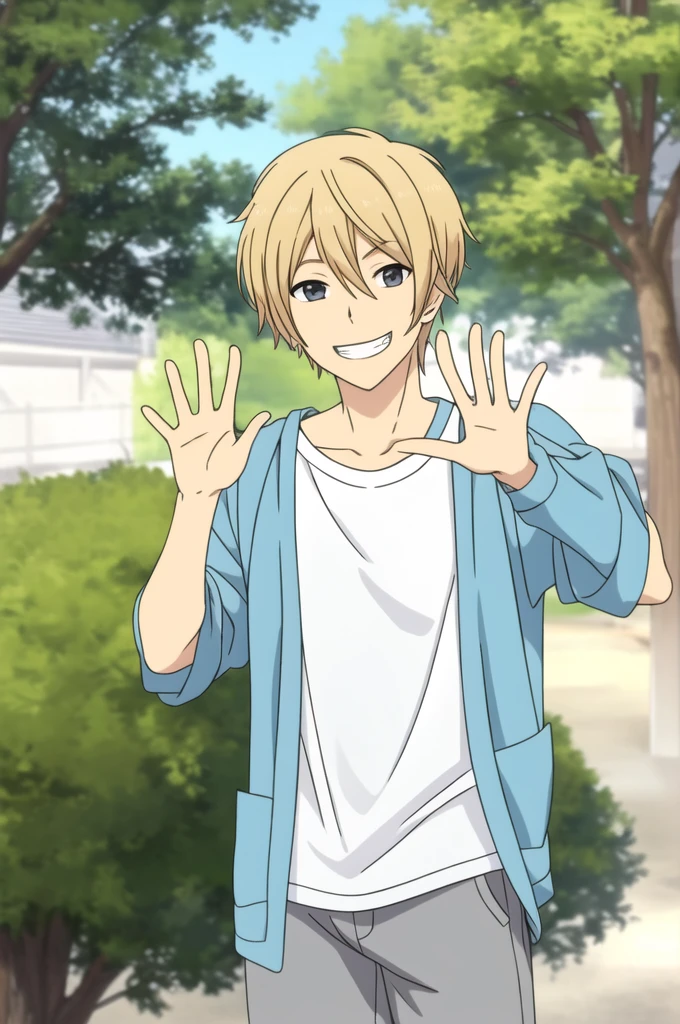 masterpiece, best quality, 1boy, upper body, looking at viewer, standing, blonde hair, excited, grin, casual, blue cardigan, white t-shirt, grey pants, hand in pocket, hand up, waving, park, tree,