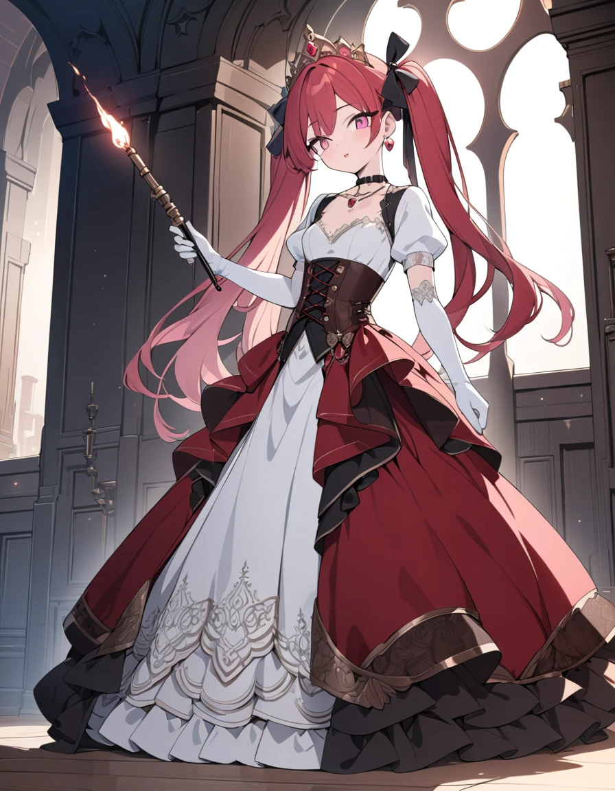 (best quality,4k,8k,highres,masterpiece:1.2),ultra-detailed, Pretty 15 years old princess, drawn in anime style, is cute and joyful, long red pigtails hair, pink eyes, small breast, lipstick, makeup, pink eyeshadow, steampunk, red and white princess gown with puffy sleeves, Dominant shades of red, physically-based rendering,gorgeous dress design,flowing gown,elaborate lace details,rich textures,contrast stitching,delicate ribbon bows,floral accents,long maxi skirt,short sleeves,fitted waistline,lace-up back,luxurious fabrics,flawless silhouette, petticoat, bustle, corset, hair ribbons, white elbow gloves, ruby earrings and necklace, gold tiara, high heels, holding a fire magic wand, standing in castle bedroom,