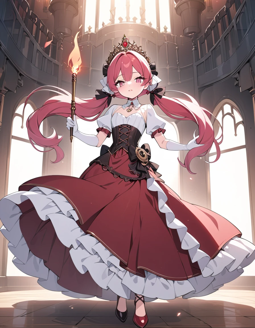 (best quality,4k,8k,highres,masterpiece:1.2),ultra-detailed, Pretty 15 years old princess, drawn in anime style, is cute and joyful, long red pigtails hair, pink eyes, small breast, lipstick, makeup, pink eyeshadow, steampunk, red and white princess gown with puffy sleeves, Dominant shades of red, physically-based rendering,gorgeous dress design,flowing gown,elaborate lace details,rich textures,contrast stitching,delicate ribbon bows,floral accents,long maxi skirt,short sleeves,fitted waistline,lace-up back,luxurious fabrics,flawless silhouette, petticoat, bustle, corset, hair ribbons, white elbow gloves, ruby earrings and necklace, gold tiara, high heels, holding a fire magic wand, standing in castle bedroom,