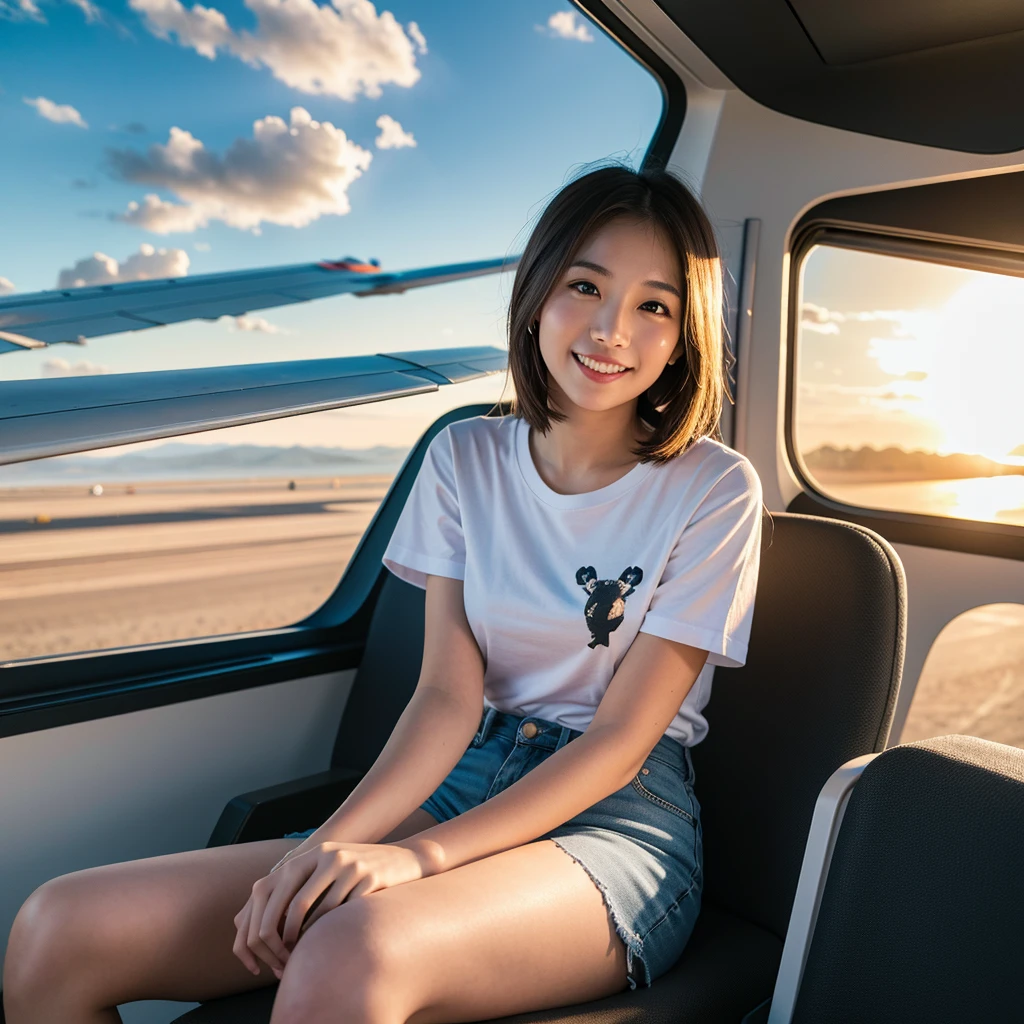 high quality,master piece,by famous artist,a girl, one girl,solo focus,alone,4K,8K,raw photo,full body,sitting,bloom,Japanese women,Clear,seems kind,Calm,Fair skin,h cup bust,Beautiful woman,smile,teeth,short brown hair,one girl,Casual Style(Stylish T-shirt),Background in an airplane,,evening,Sunset clouds,sunset,one girl
