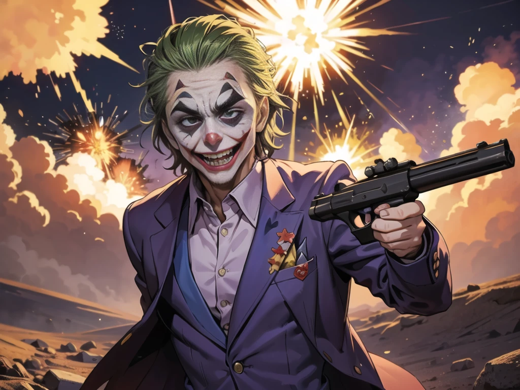 Masterpiece, best quality, The Joker wears a purple suit., , look at viewer, Aim the gun., holding a pistol, look at viewer, stand,gun possession, desert, Laugh and laugh ,(explosion from gun:1.5) , (lots of smoke)