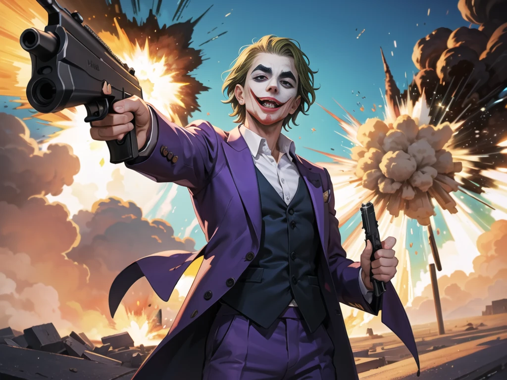 Masterpiece, best quality, The Joker wears a purple suit., , look at viewer, Aim the gun., holding a pistol, look at viewer, stand,gun possession, desert, Laugh and laugh ,(explosion from gun:1.5) , (lots of smoke)