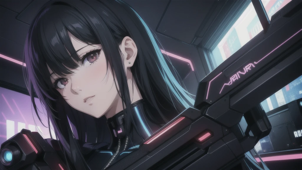 (masterpiece, Highest quality, 8K, Sharp focus, Depth of written boundary, Best Shadow, Perfect lighting, High resolution, Realistic skin texture, Highly detailed background), Anime Style, Long Angle Shot, ((Cyberpunk Theme)), alone, 1 female, She&#39;s a mercenary, (Green Eyes, White skin, Black hair in a ponytail, choker, Small breasts, slim, compensate, eyeliner, Gloss,smile), She works in the city of the future., night, null, Waning Moon, Wearing a nice technical jacket and leather skirt.