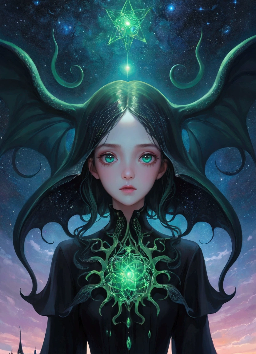 1 Girl, Abstract Art, Cthulhu, Eyes that have lost their luster, A suffocating feeling, , Starry Sky,fantasy,magic,mystery,illusory,Dreamy,symmetry, Ultra-high resolution, masterpiece, best quality