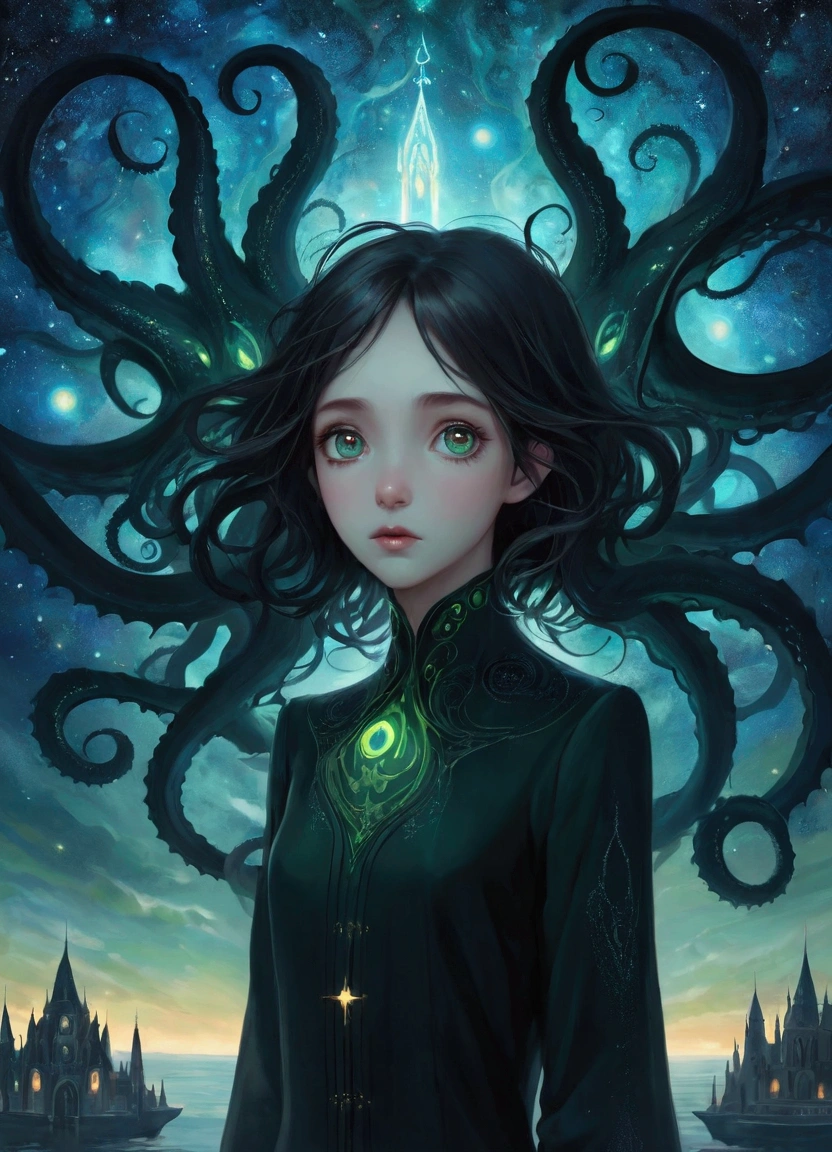 1 Girl, Abstract Art, Cthulhu, Eyes that have lost their luster, A suffocating feeling, , Starry Sky,fantasy,magic,mystery,illusory,Dreamy,symmetry, Ultra-high resolution, masterpiece, best quality