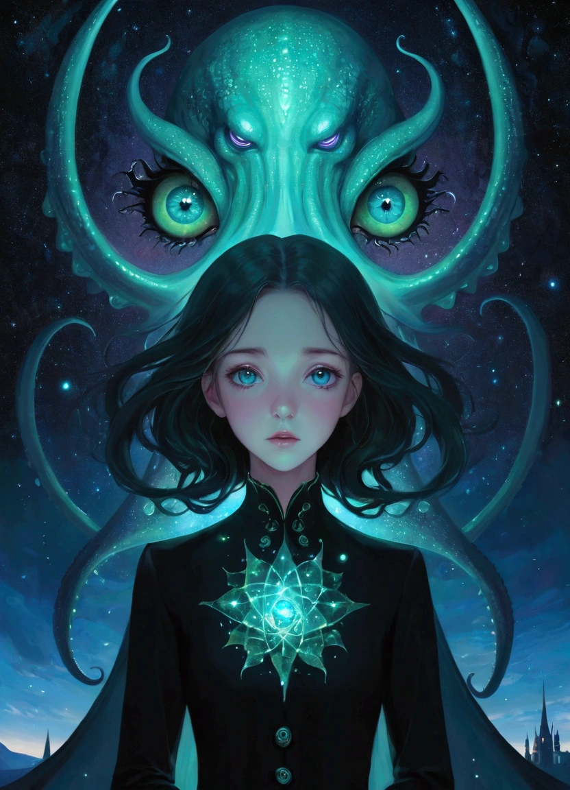 1 Girl, Abstract Art, Cthulhu, Eyes that have lost their luster, A suffocating feeling, , Starry Sky,fantasy,magic,mystery,illusory,Dreamy,symmetry, Ultra-high resolution, masterpiece, best quality