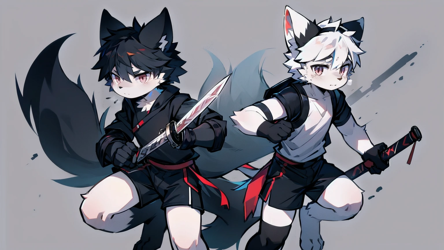 White Wolf,black hair,Red eyes,Wolf ears,Wolf Tail,juvenile,male,hairy,Hair,Half body armor,Combat uniform,Silver and black clothing,Handsome,Handsome,shorts,The forearm is exposed,leg,Fighting Stance,Duel,Two people,Anxious,Armed with a sword,Simple background,Swords