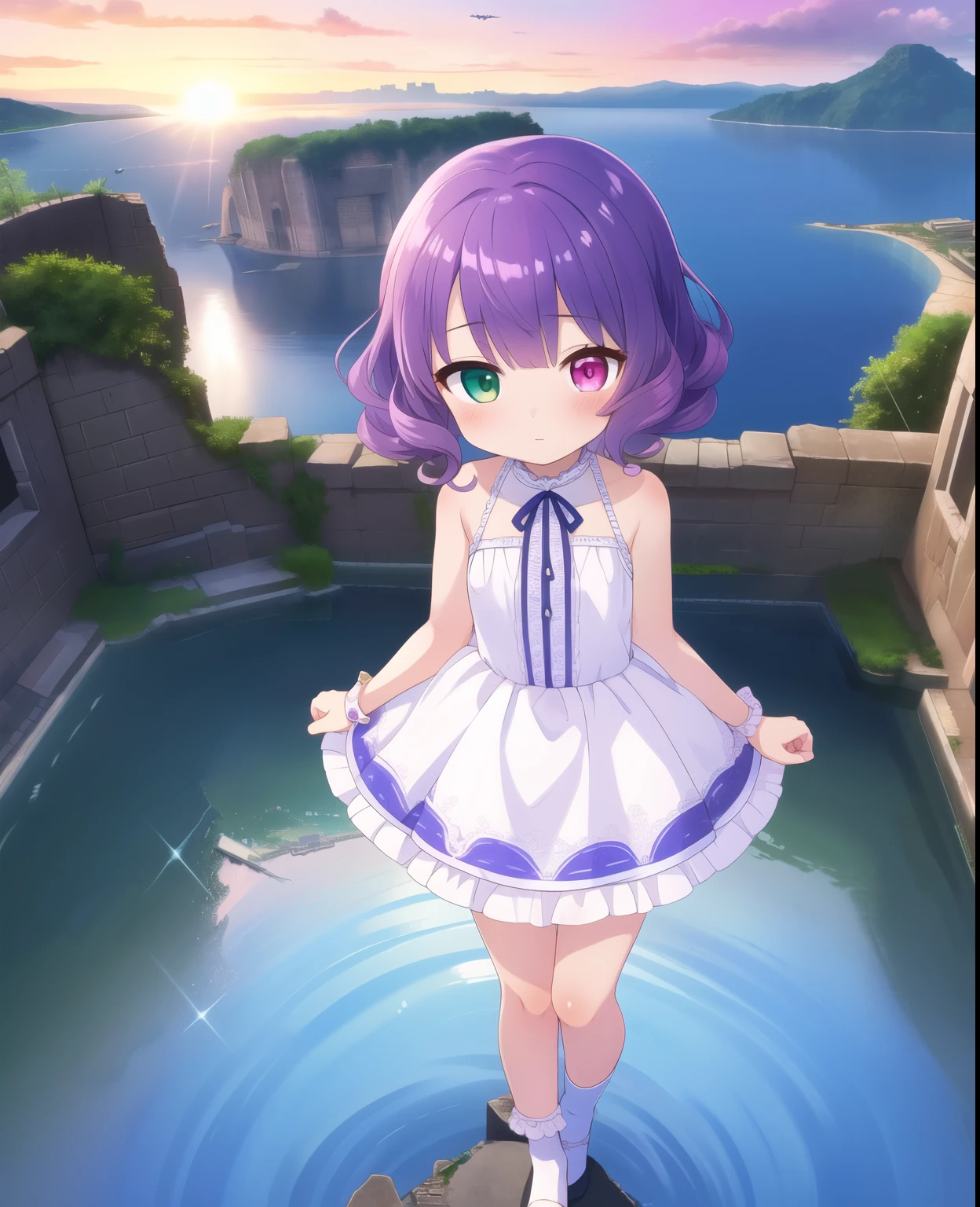 masterpiece, best quality, ultra detailed, anime style, 1girl, young, cute, (oily skin), (shiny skin), (skinny), (thin legs:1.20), short curly hair, violet hair, gradient hair, heterochromia eyes, victorian dress, lace dress, white socks, (graceful posture:1.0), delicate hands, ancient ruins, floating islands, mystical, serene expression, hopeful, sunrise, full body shot, side pov, upon city, old city in background,