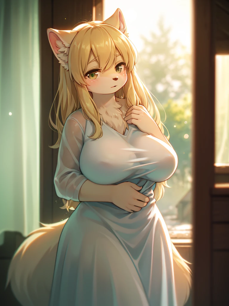 (Sumilux f1.4 75mm , low Latitude old color negative film , cross process , bokeh, flare, chromatic aberration , soft focus, (Shallow focus) , soft glow , Maximum aperture, High Key , Transparent depiction) , blond Mature female wolf , Voluptuous body , hide with hand , (freckles:0.7) , in the Abandoned house , (Spirit photography , sheet ghost:1.2) , (Holding two apart melons) , Tamponade