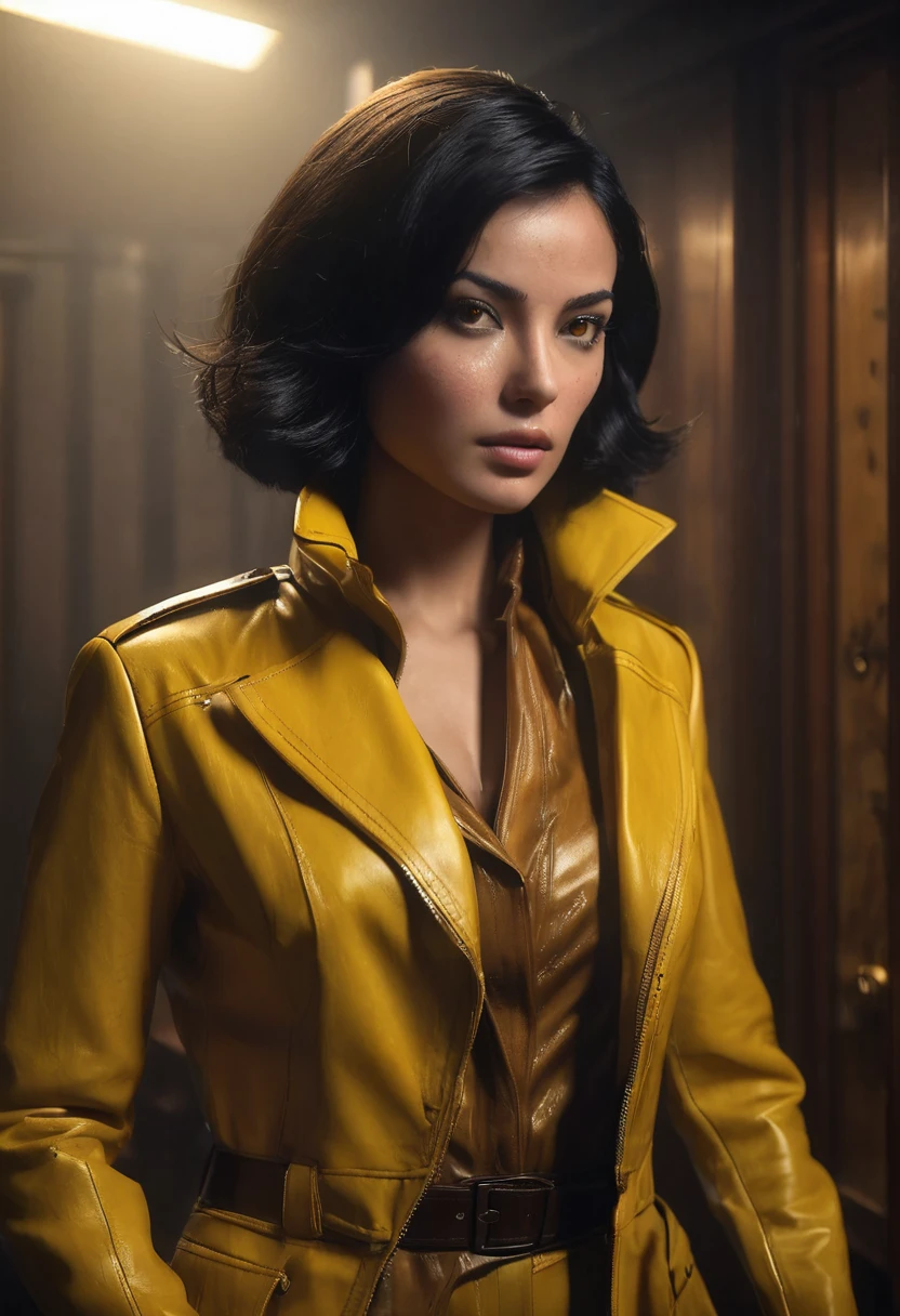 1 woman, inside a secret room, wearing a fine dark yellow leather spy outfit, detailed facial features, brown feminine eyes, detailed dark beige skin, few freckles on her face, very short and layered black hair, strong and serious and dramatic lighting, cold cinematic composition, atmospheric fog, beautiful face, thin chin, beautiful woman, feminine and beautiful, 25 years old (best quality, 4K, 8K, high resolution, art: 1.2), ultra-detailed, (realistic, photorealistic, photorealistic: 1.37)