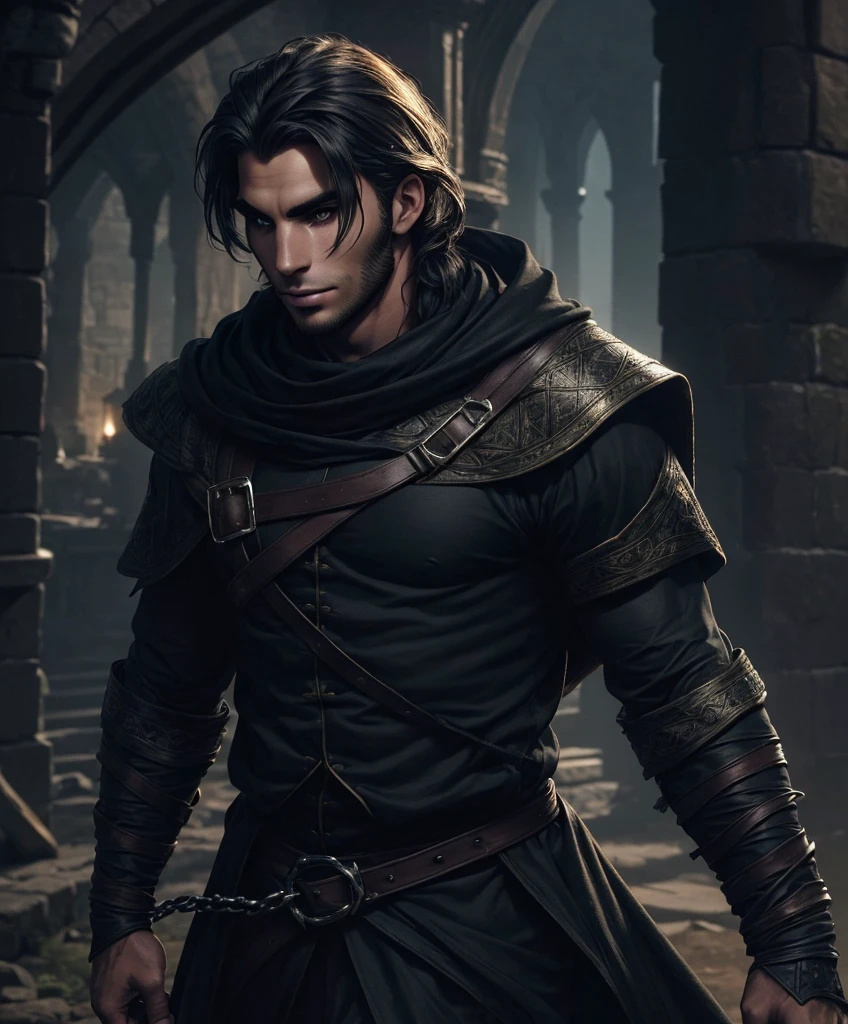 (((Single character image.))) (((1boy))) (((Dressed in medieval fantasy attire.))) (((Generate a darkly handsome male character for a fantasy setting.))) (((Appears to be 20 years old with youthful looks.))) (((Looks like the ideal vision of a y, handsome rugged male.))) Design a handsome, attractive male adventurer for a fantasy setting. He has strong features and shoulder length blond hair. (((The background to the image is dark and eerie..))) (((Looks like Jon Kortajarena.))) best quality:1.0,hyperealistic:1.0,photorealistic:1.0,madly detailed CG unity 8k wallpaper:1.0,masterpiece:1.3,madly detailed photo:1.2, hyper-realistic lifelike texture:1.4, picture-perfect:1.0,8k, HQ,best quality:1.0,