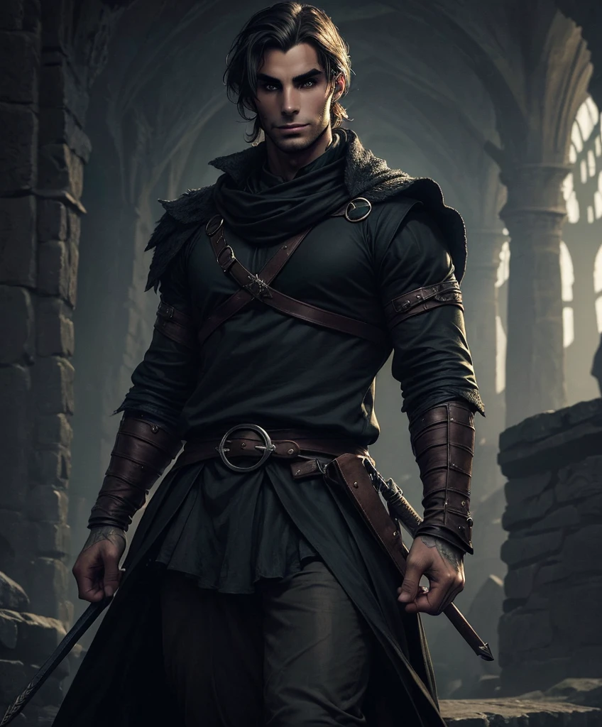 (((Single character image.))) (((1boy))) (((Dressed in medieval fantasy attire.))) (((Generate a darkly handsome male character for a fantasy setting.))) (((Appears to be 20 years old with youthful looks.))) (((Looks like the ideal vision of a sexy, handsome rugged male.))) Design a handsome, attractive male adventurer for a fantasy setting. He has strong features and shoulder length blond hair. (((The background to the image is dark and eerie..))) (((Looks like Jon Kortajarena.))) best quality:1.0,hyperealistic:1.0,photorealistic:1.0,madly detailed CG unity 8k wallpaper:1.0,masterpiece:1.3,madly detailed photo:1.2, hyper-realistic lifelike texture:1.4, picture-perfect:1.0,8k, HQ,best quality:1.0,