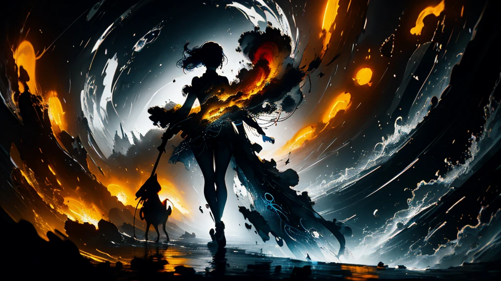 Beautiful full body shot of a woman walking towards the lens: Black ink flow: 8k resolution photorealistic masterpiece: by Aaron Horkey and Jeremy Mann: intricately detailed fluid gouache painting: by Jean Baptiste Mongue: calligraphy: acrylic 8k resolution concept art intricately detailed, complex, elegant, expansive, fantastical, Color palette of grey to red and yellow to black,
