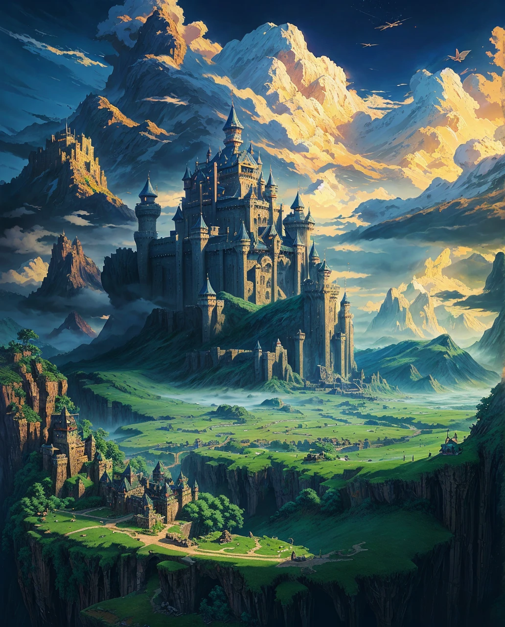 anime castle in the sky with a mountain in the background, concept art by Andreas Rocha, Artstation contest winner, fantasy art, flying cloud castle, high fantasy castle, impressive fantasy landscape, fantasy castle, castle in the sky, beautiful detailed fantasy, castle in the sky style, fantasy art landscape, highly detailed fantasy art, fantasy painting hd