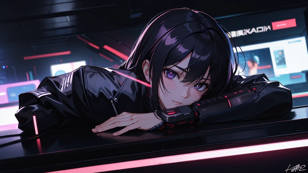 (masterpiece, Highest quality, 8K, Sharp focus, Depth of written boundary, Best Shadow, Perfect lighting, High resolution, Realistic skin texture, Highly detailed background), Anime Style, Long Angle Shot, ((Cyberpunk Theme)), alone, 1 female, She&#39;s a mercenary, (Green Eyes, White skin, Black hair in a ponytail, choker, Small breasts, slim, compensate, eyeliner, Gloss), She works in a futuristic Korean city., Gripping the Tech Katana firmly, night, null, Waning Moon, Wearing a nice technical jacket and leather pants.