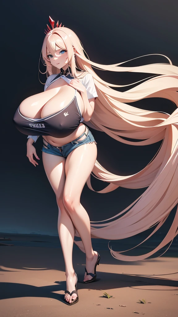  adult women, highres, 1girl, solo, gentle smile, seductive look, mature looking, adult looking, (((massive gigantic boobs))), (((insanely long straight hair))), (((insanely long hair))), (((hair touches ground))), being seductive, (((seductive pose))), heels, ((tease veiwers)), full veiw, tee shirt, jean shorts, (((full body shot))), earrings, ((best quality)), ((masterpiece)), (detailed), ultra detailed, 