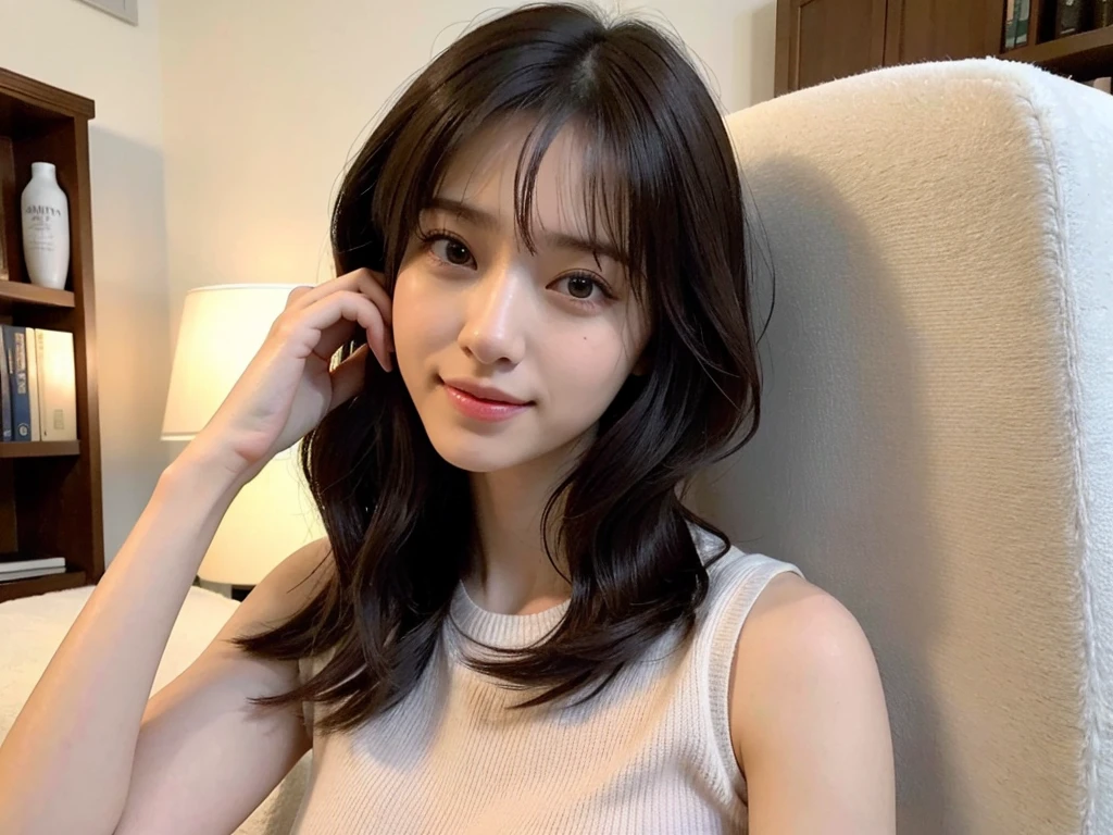 (Sleeveless:1.3) Put your hair up to reveal a sexy nape or neck 、beautiful, thin, Fair Arms　Pureeros　(super highest quality:1.3) (Very realistic, Realistic:1.3), (Sharp focus:1.3) Pure　(Sharp focus:1.3) Wide background々Luxurious living room　Bookshelf　3D　Beautiful gradients　  A happy and kind smile　Very high quality and stylish　See-through bangs　　Elegant and intelligent　Clean and stylish　Excellent Education　Women's Fashion Magazine　model　　 (Realistic and very high quality:1.3). (High resolution/High resolution:1.3)　　Tabletop, Very delicate and beautiful, Soft Light, (Brown Hair, Shoulder-length straight bob hair)  Beautiful detailed girls, Highly detailed eyes and face, beautifully detailed nose, thin and beautiful eyes, 1 girl, Japanese, Pureな beauty, cute, young, Very stylish　　A spring sweater in spring-like colors　Very stylish　Supported by women　Trending Fashion　, (Medium Chest), Realistic Face, Realistic body, 
