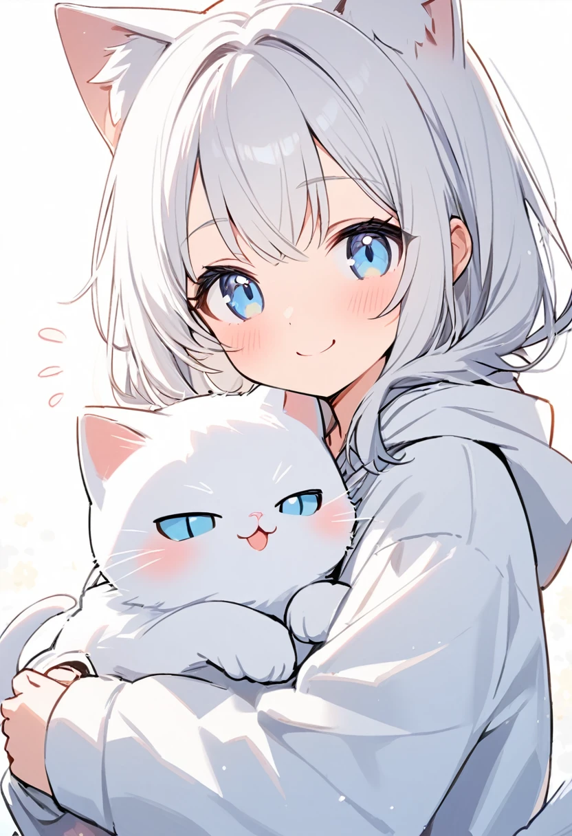 One Girl，White Hair，Light blue eyes，Cat ear，White hoodie，Long sleeves，Big hoodie，Smiling，Holding a white cat，cute，cute女の子，White background，Beautiful lines