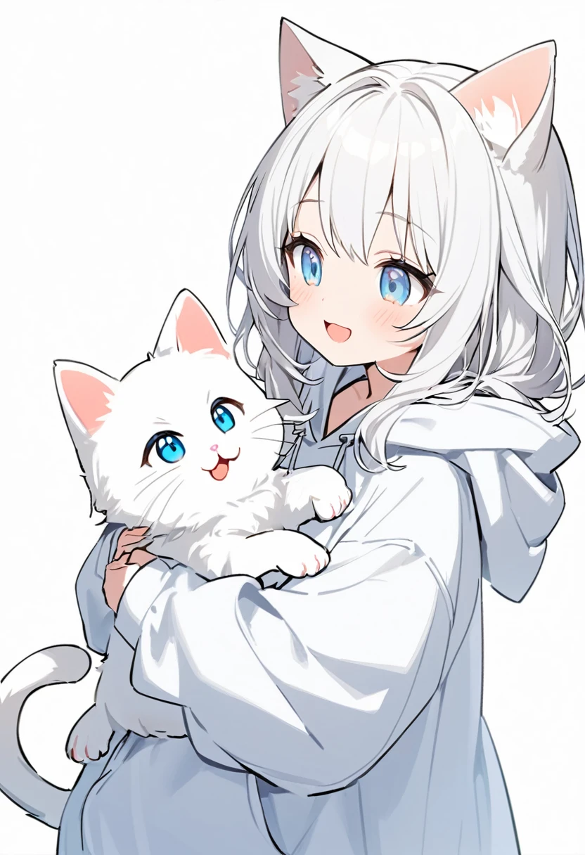 One Girl,White Hair,Light blue eyes,Cat ear,White hoodie,Long sleeves,Big hoodie,Smiling,Holding a white cat,cute,cute女の子,White background,Beautiful lines