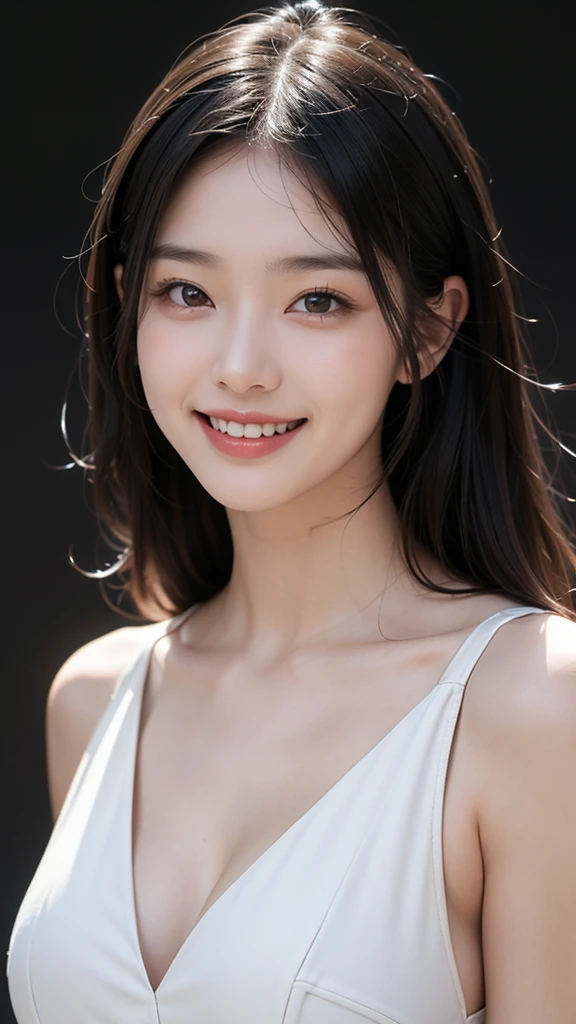 30-year-old woman, Chest Shot, Iris, Black Hair, Warm Background, Grin