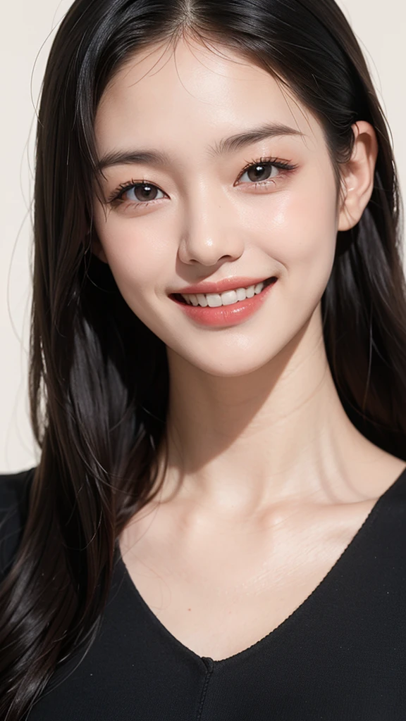 30-year-old woman, Chest Shot, Iris, Black Hair, Warm Background, Grin