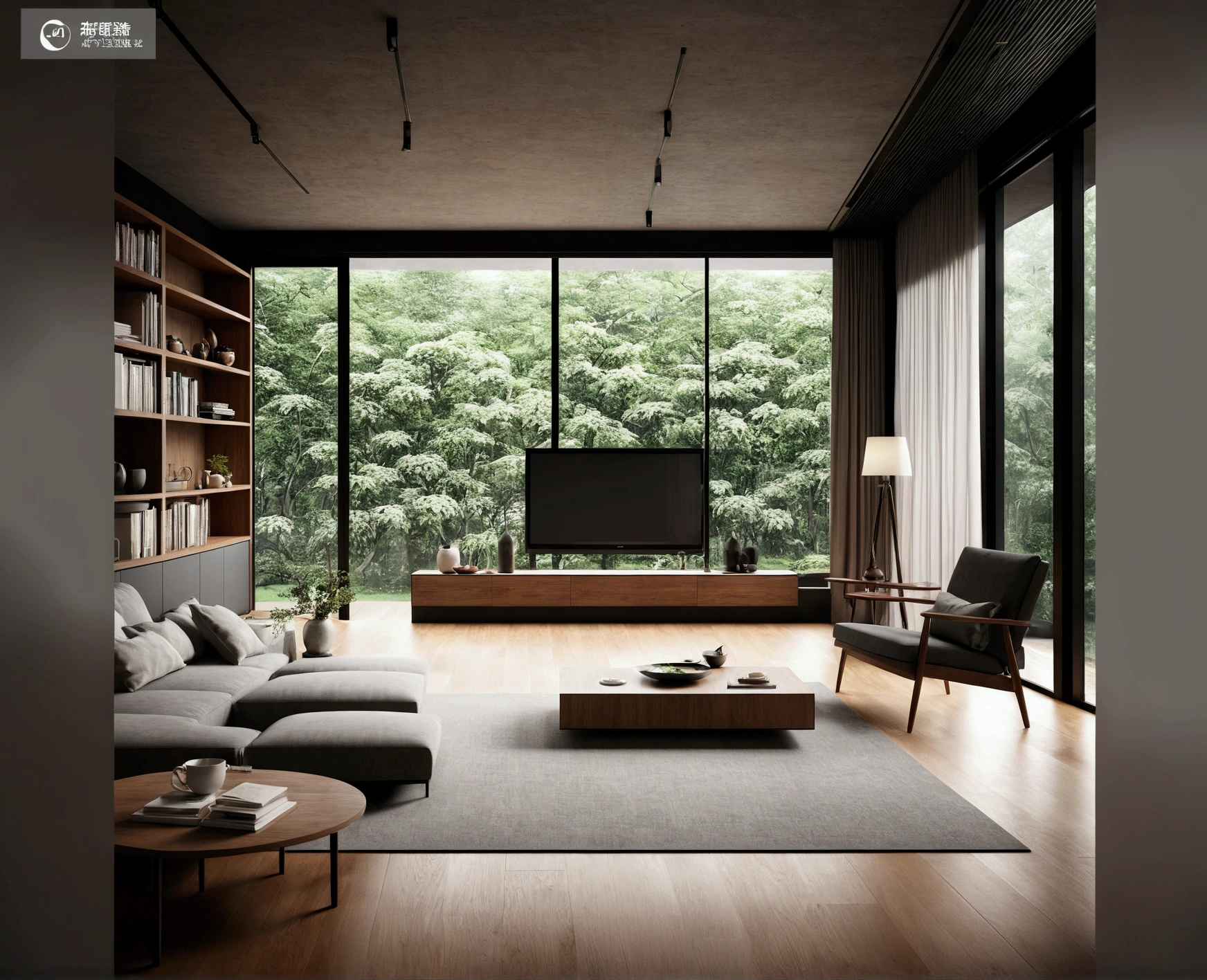 There is a living room with a sofa, Chair, coffee table and television, vray 8k Rendering, Modern interior design, Modern minimalist design, modern japanese living room, Minimalist interior design, 令人惊叹的Rendering, 8k vray Rendering, 逼真的 8k Rendering, Modern Living Room, 4K], 4K ], interior design living room, Rendering, Minimal modern，Two stoves，Two French windows