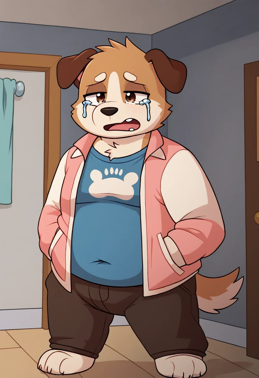 A man slightly chubby, shaped like a white dog brown ears , he Wear  a loose jacket and  Wear a t-shirt under a loose jacket , sat crying in the corner of the room with a desperate face 