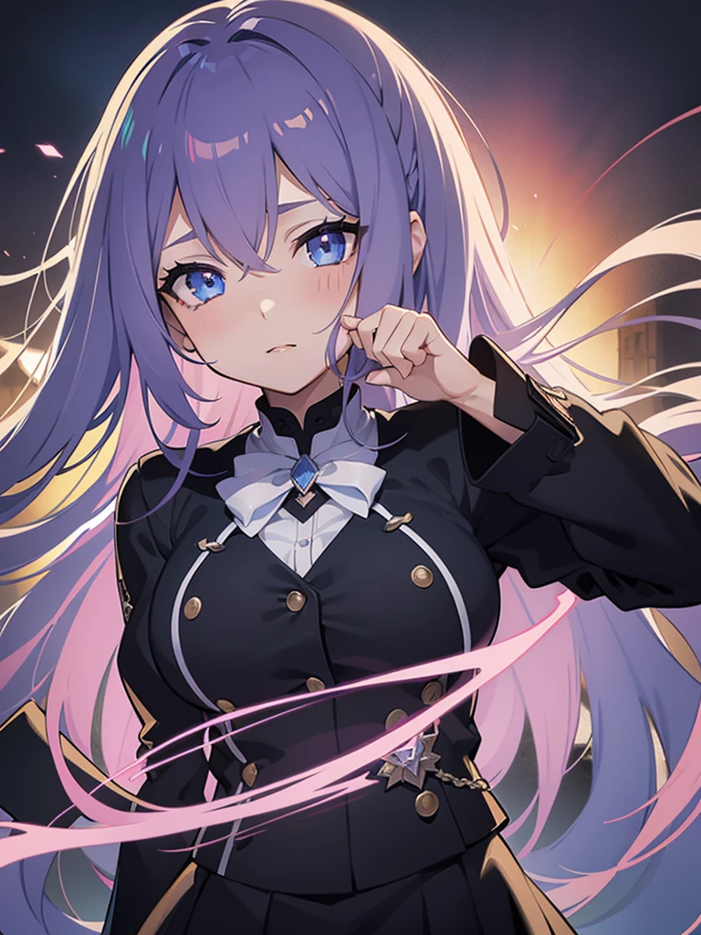 Close-up of face,Diagonal angle., complex details beautiful and delicate eyes, anime girl with long light purple hair and blue eyes posing for a picture, shadowverse style, smooth anime cg art, detailed digital anime art, sui ishida art manga, shadowverse, official artwork, detailed anime artwork, artbook artwork, detailed anime character art, black uniform, ((black school uniform))