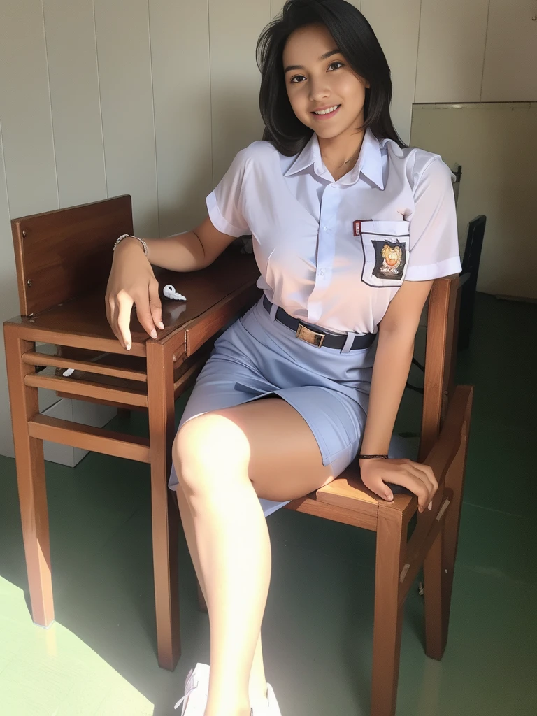 1girl, (Indonesian_high_school_uniform), sitting, model pose, legs out, Classroom, professional light, detailed face, detailed eyes, (seductive smile: 1.14), fit body, large breasts, shiny skin, hands behind body, looking at the audience, model pose, wearing tight white shirt, wearing grey blue very short pants, (8k, RAW photo, best quality, masterpiece: 1.4), (realistic, realistic: 1.5), ultra-high resolution