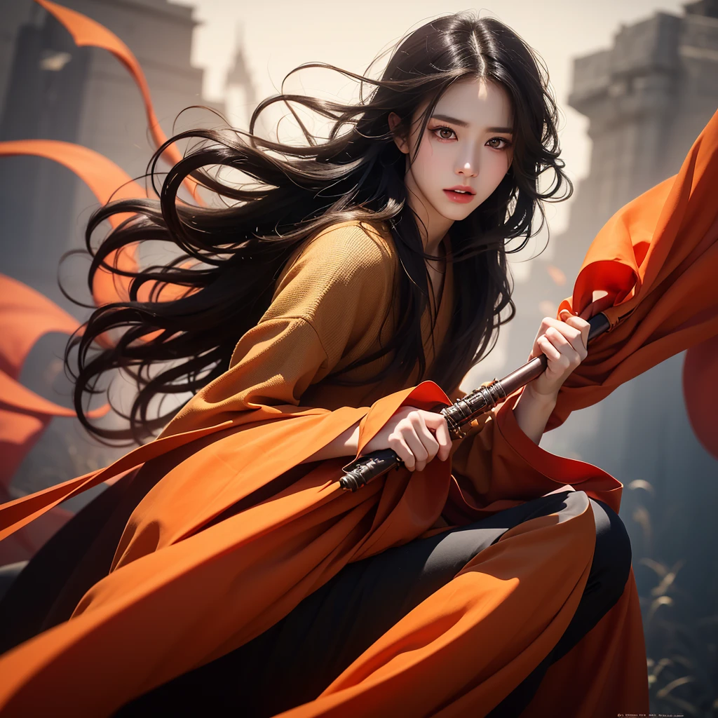 close up, Best quality, masterpiece, ultra high res, 1 girl, beautiful face, detailed skin, gu, dragon, full body, weapon, black hair, holding weapon, blood, arm guards, male focus, looking at viewer, black eyes, tabi, floating hair, full body, orange, hands up