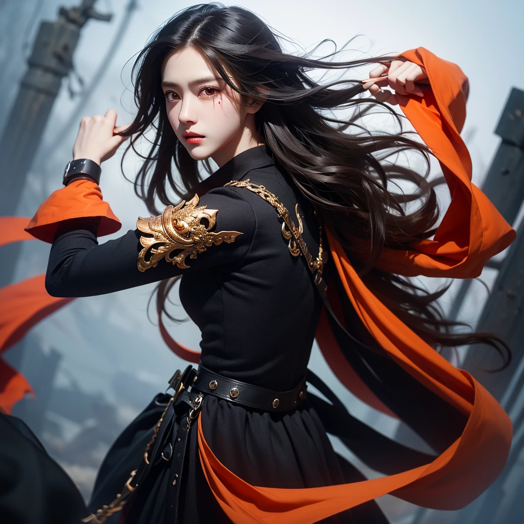 close up, Best quality, masterpiece, ultra high res, 1 girl, beautiful face, detailed skin, gu, dragon, full body, weapon, black hair, holding weapon, blood, arm guards, male focus, looking at viewer, black eyes, tabi, floating hair, full body, orange, hands up