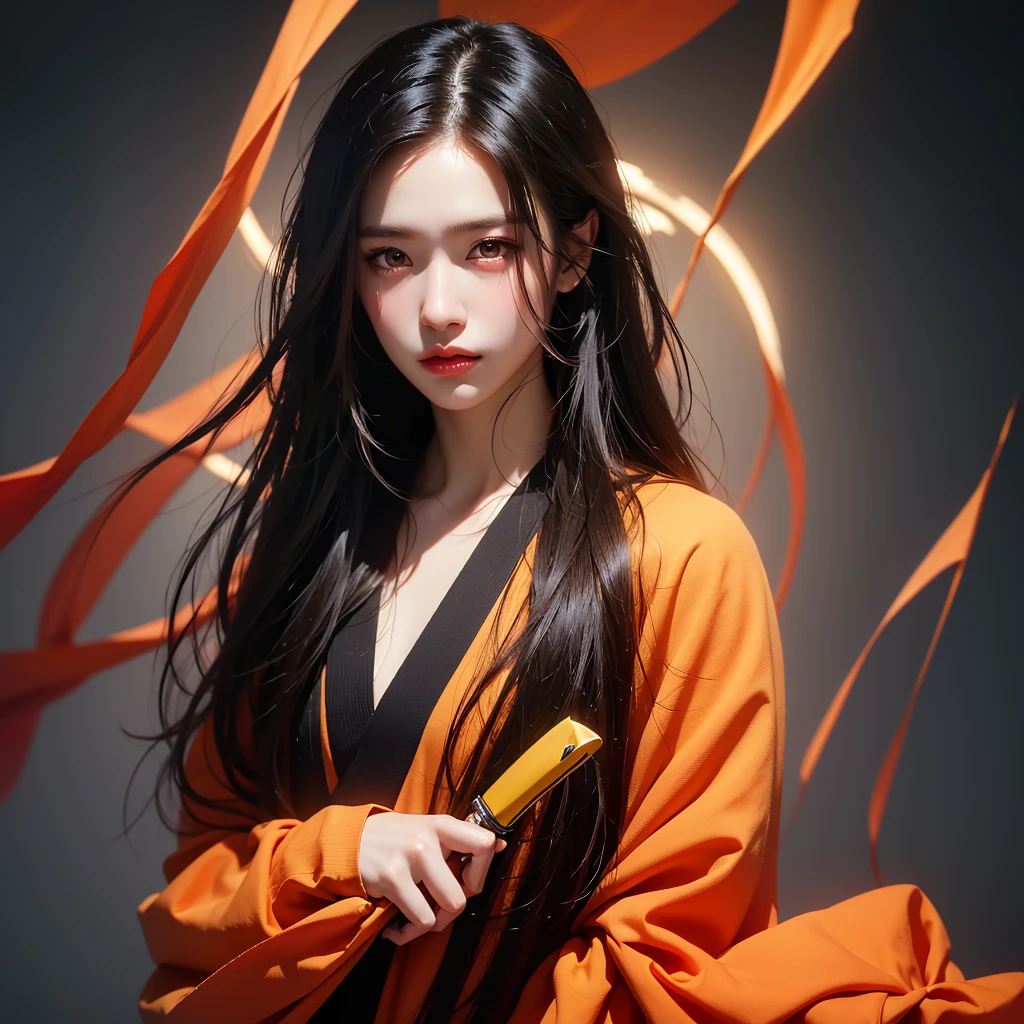 close up, Best quality, masterpiece, ultra high res, 1 girl, beautiful face, detailed skin, gu, dragon, full body, weapon, black hair, holding weapon, blood, arm guards, male focus, looking at viewer, black eyes, tabi, floating hair, full body, orange, hands up