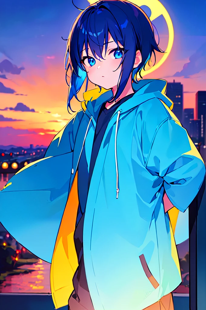 [(SEA BACKGROUND:1.5),::5], ((((masterpiece)))), high quality, ultra very high resolution, full color, (((solo))), (( boy)), oriental deepBlue hair, (oriental deepblue eyes), anime, ((upper body)), Summer clothes, neon light, black parka, night