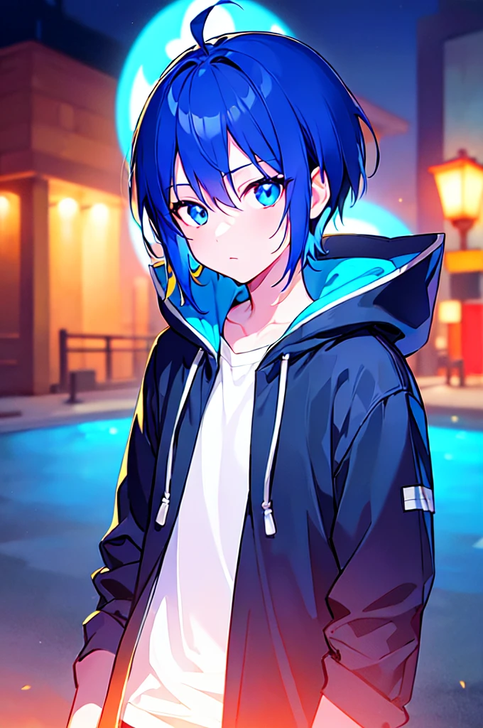 [(SEA BACKGROUND:1.5),::5], ((((masterpiece)))), high quality, ultra very high resolution, full color, (((solo))), ((little boy)), oriental deepBlue hair, (oriental deepblue eyes), anime, ((upper body)), Summer clothes, neon light, black parka, night