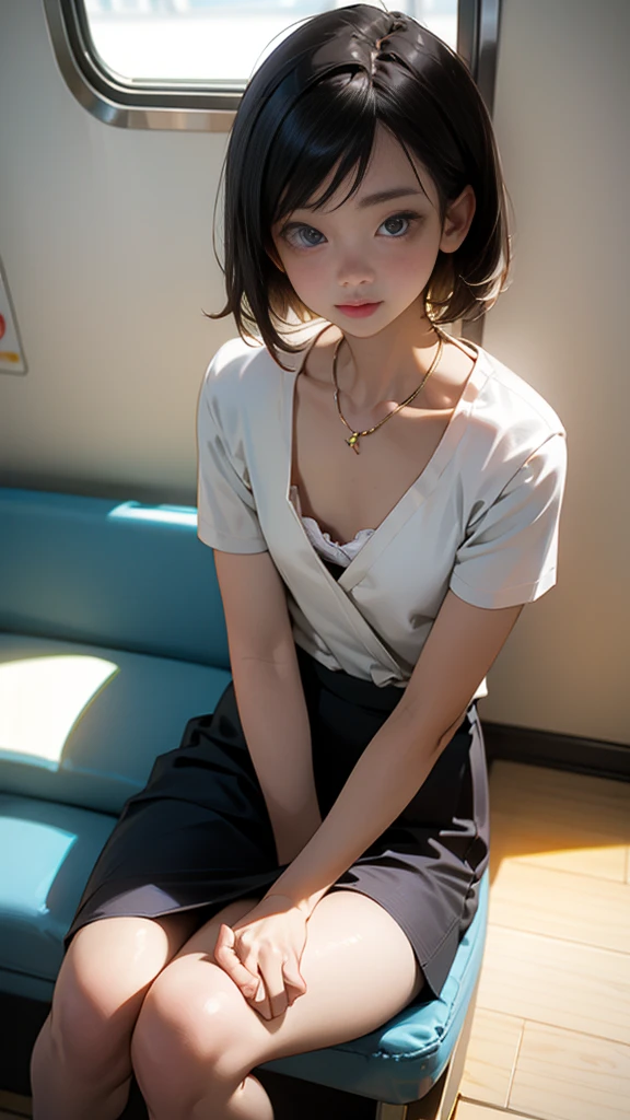 1 Girl ,Highest quality, Ultra-high resolution, Highly detailed skin, Physically Based Rendering, Small breasts, Flat Chest, Down blouse,(20 year old Japanese student, Decorative fine bra , Overlap short sleeve blouse, Small breasts, Sensual ),Sitting,  Crouching on the train, short hair, necklace ,close,From top left ,Focus on the chest ,High brightness 