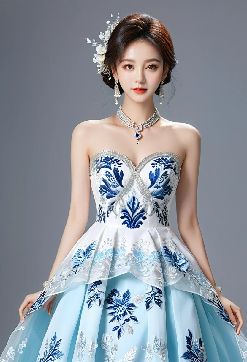 Realistic photo style, whole body 사진에 아름다운 아시아 소녀가 등장합니다., Wearing a unique ethnic style evening gown with delicate skin., bright and lively eyes, Thick eyelashes that look especially attractive. Long dresses are slim and elegant., Eye-catching silver jewelry and alcohol. The high-collar design adds an elegant atmosphere., Color of blue and white porcelain. using light and shadow, The vivid and harmonious appearance of the protagonist is highlighted... whole body, (masterpiece, best quality, professional, perfect composition, very aesthetic, absurd, very detailed, intricate details:1.3)