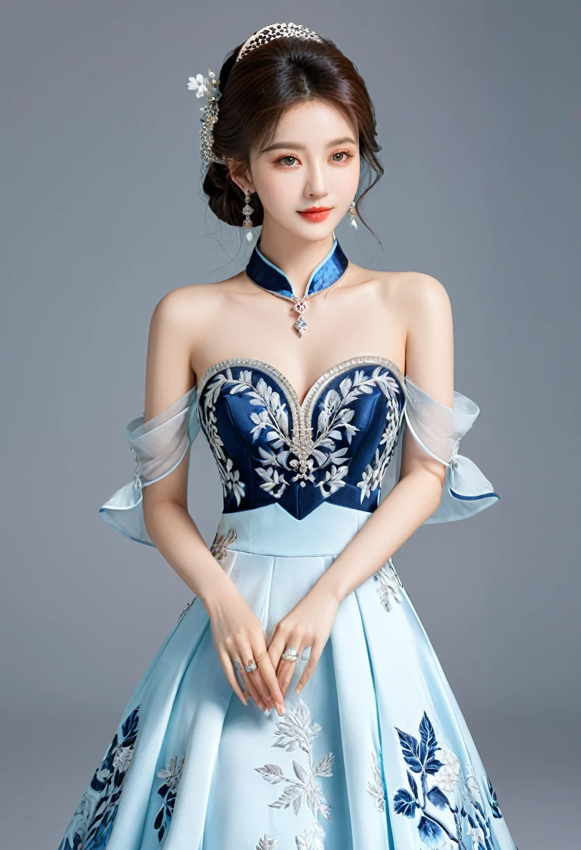 Realistic photo style, whole body 사진에 아름다운 아시아 소녀가 등장합니다., Wearing a unique ethnic style evening gown with delicate skin., bright and lively eyes, Thick eyelashes that look especially attractive. Long dresses are slim and elegant., Eye-catching silver jewelry and alcohol. The high-collar design adds an elegant atmosphere., Color of blue and white porcelain. using light and shadow, The vivid and harmonious appearance of the protagonist is highlighted... whole body, (masterpiece, best quality, professional, perfect composition, very aesthetic, absurd, very detailed, intricate details:1.3)