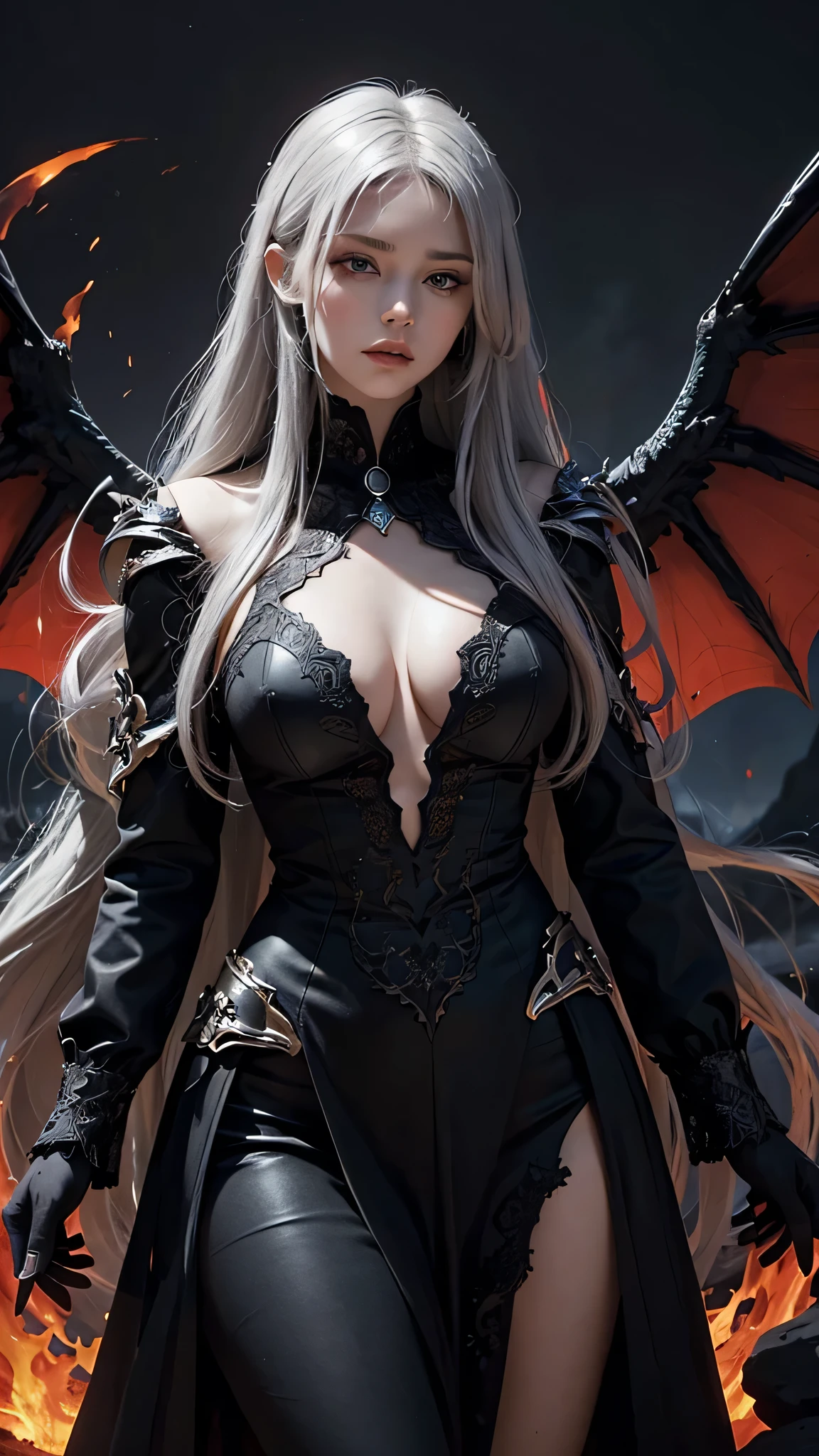 “A highly detailed, dark, and gothic depiction of a powerful female angelic figure with large, majestic wings. She should have long, flowing silver hair and be dressed in ethereal, mystical robes that add an otherworldly quality to her appearance. Her body should be muscular and sinewy, with an intricate, textured design on her skin and wings, reminiscent of organic, wood-like patterns. Her expression should be fierce and commanding. The background should be a hellish scene with raging flames, molten lava, and dark, jagged rocks, creating a dramatic and fiery atmosphere. The overall aesthetic should be monochromatic for the figure, with shades of black and grey, contrasting with the vibrant reds and oranges of the flames.”
Additional Settings:
• Style: Gothic, Dark Fantasy, Monochromatic (for the figure)
• Lighting: Dramatic, High Contrast
• Details: High, Intricate textures
• Mood: Fierce, Commanding, Hellish
• Composition: Full-body, Female
• Hair: Long, flowing silver hair
• Clothing: Ethereal, mystical robes
• Background: Hellish landscape with flames, molten lava, and dark rocks
