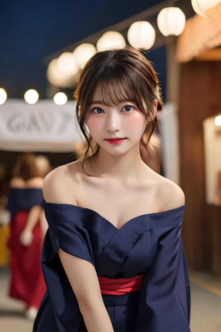 Highest quality、（beautiful）、Precision Eyes、Fine skin、Brown eyes、24-year-old female、Brown Hair、looking at the camera、Gal、Off-the-shoulder kimono、night、festival、stall、Leaning forward