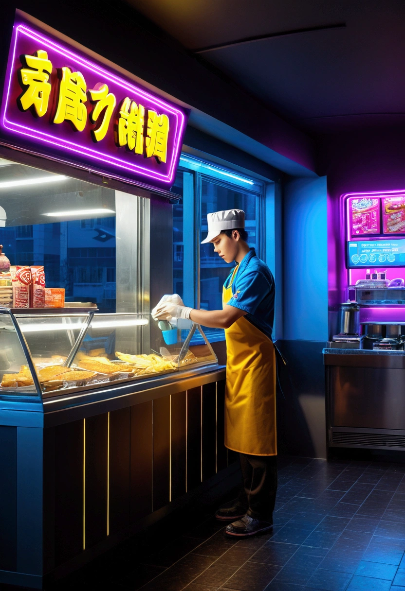 (Fast Food Worker), Cyberpunk style, a fast food clerk is doing the final tidying up work in the restaurant at night. The lights inside the restaurant emit charming colors, and the clerk's figure appears particularly prominent at the window, with the background of night city, full body, (Photography), panoramic view, award-winning, cinematic still, emotional, vignette, dynamic, vivid, (masterpiece, best quality, Professional, perfect composition, very aesthetic, absurdres, ultra-detailed, intricate details:1.3)