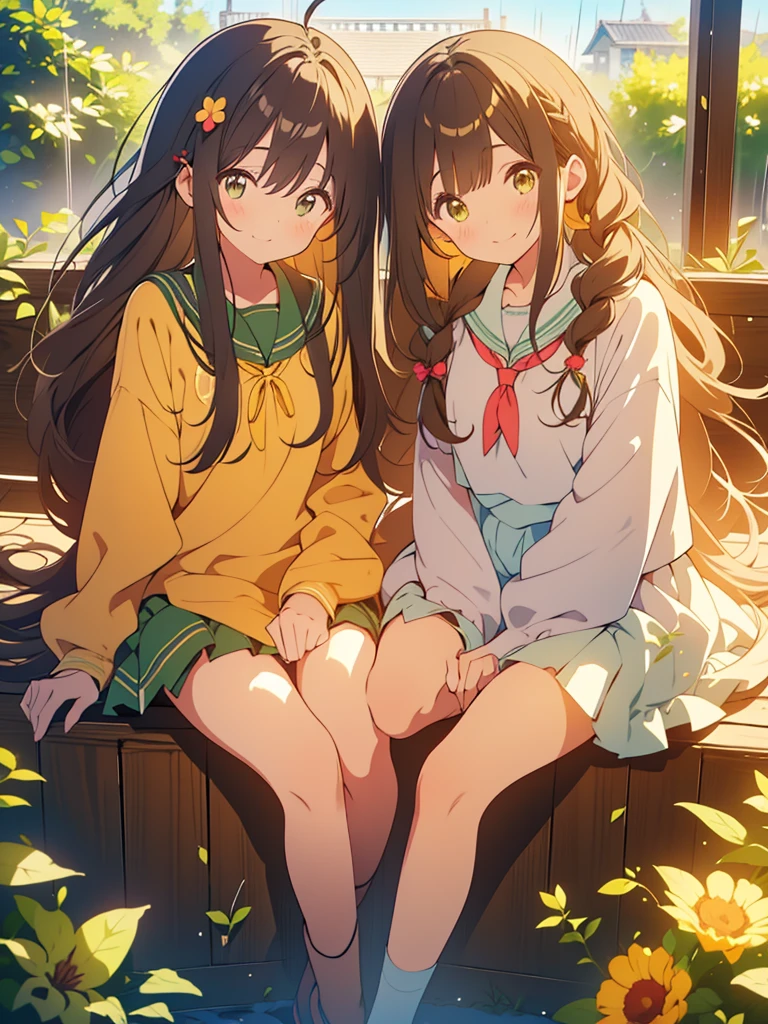 kawaii, anime, Cute, hyper quality, highly detailed, 16k, Front facing, Clarity, girl, brown long hair, green eyes, smile, two girls, Both girls have long dark brown hair., golden eyes, green kiwi, golden kiwi, pale colors, Fluffy feeling, light atmosphere, dazzling light, highlight on eyes, smiling, wink, Dark brown twintails and long dark brown hair, , whole body, fold one's hands, A good friend, close one eye, angel feather hairpin, kiwi hairpin, private clothes, skirt, spring, Not three people, There are two characters, after the rain, blue sky, flower path, wet from the rain, 	