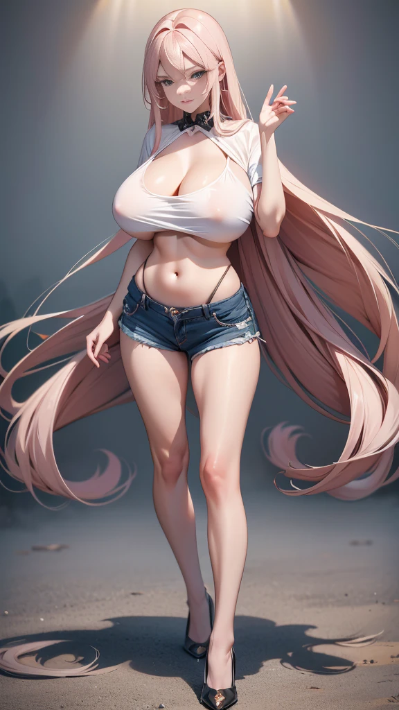  adult women, highres, 1girl, solo, gentle smile, seductive look, mature looking, adult looking, (((big boobs))), (((insanely long straight hair))), (((insanely long hair))), (((hair touches ground))), being seductive, (((seductive pose))), heels, ((tease veiwers)), full veiw, tee shirt, jean shorts, (((full body shot))), earrings, ((best quality)), ((masterpiece)), (detailed), ultra detailed, 